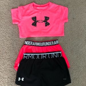 Two UA shorts and One UA Shirt Girls Size 5